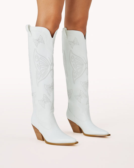 White Western Boot With  Butterfly Embroidered