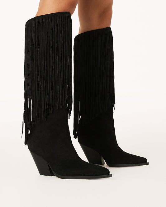 Women's Black Faux Suede Boots With Fringe