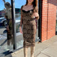 women's leopard midi dress with long sleeves, a sweetheart neckline with black black and a lace up corset back