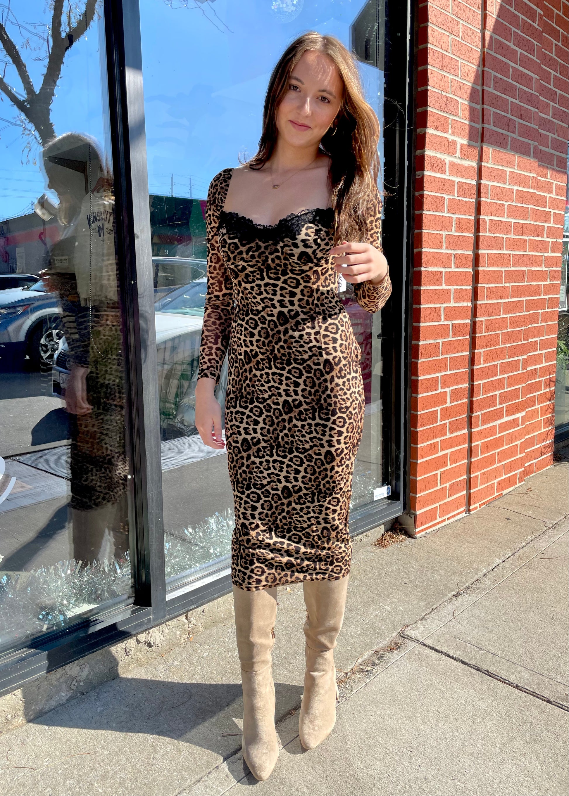 Women's Fitted Leopard Midi Dress With Long Sleeves Luxxe Apparel Women's Fitted Leopard Midi Dress With Long Sleeves Luxxe Apparel