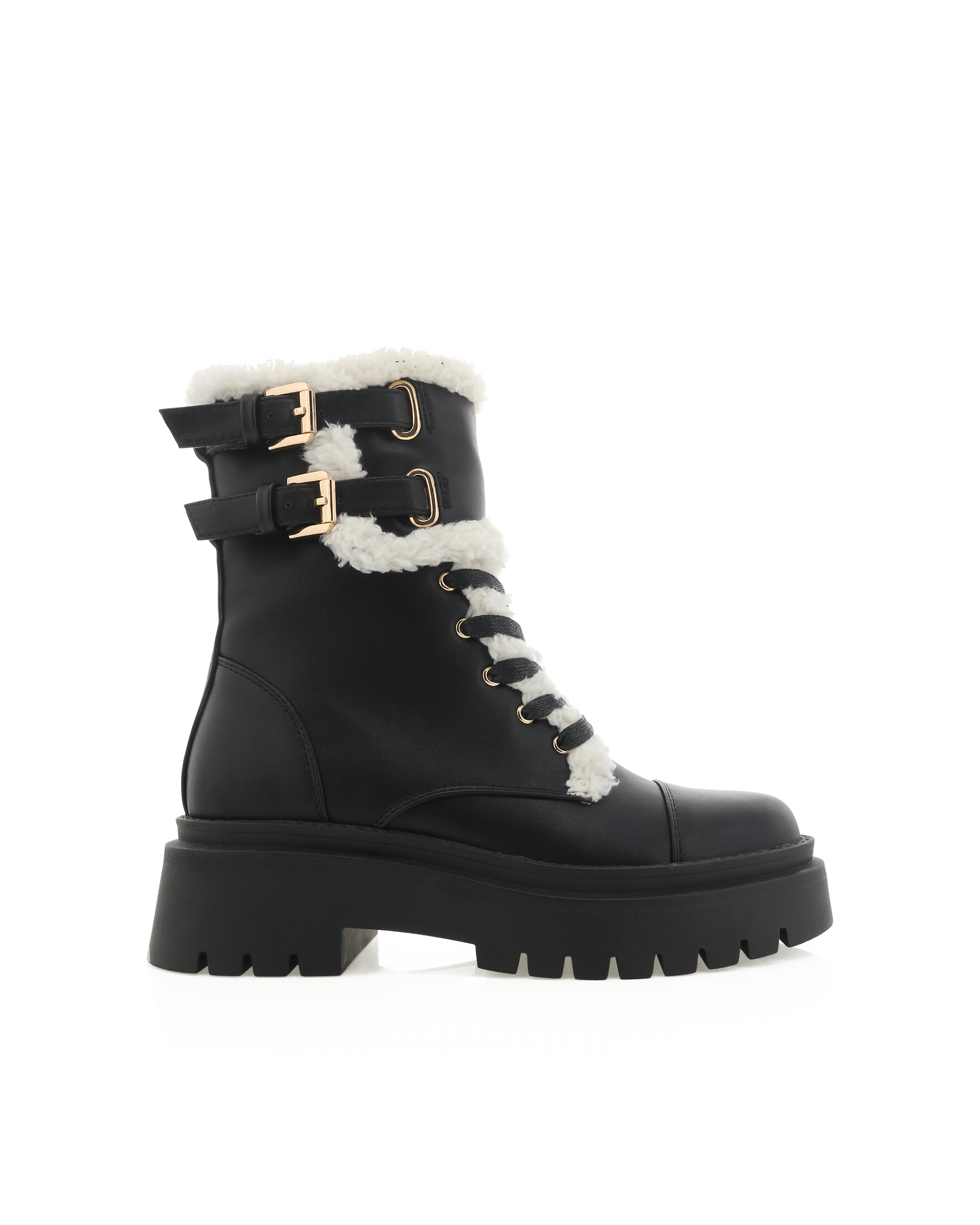 Womens Black Combat Boot With Shearling Lining and a double buckle.feature at the ankle. Gold detailing.