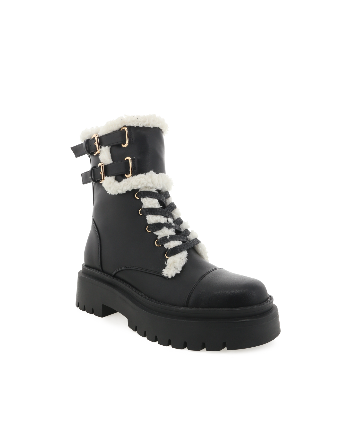Womens Black Combat Boot With Shearling Lining and a double buckle.feature at the ankle. Gold detailing.