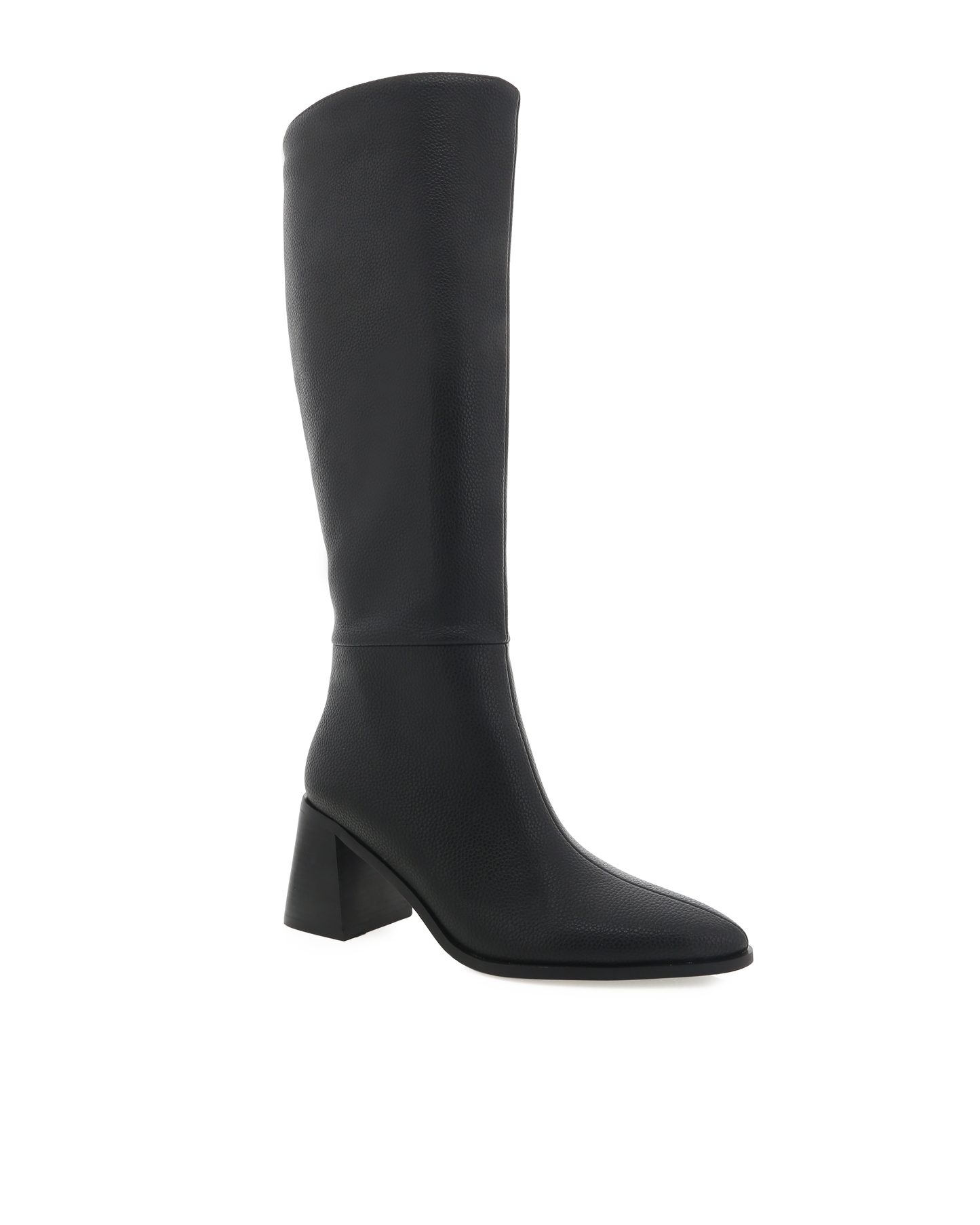 Tall black faux leather boot with a block heel