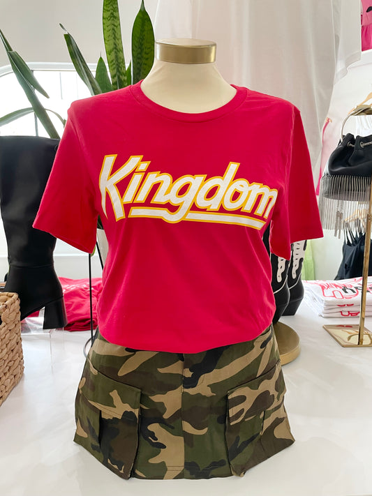 Red t-shirt with Kingdom written on front