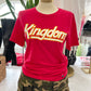 Red t-shirt with Kingdom written on front