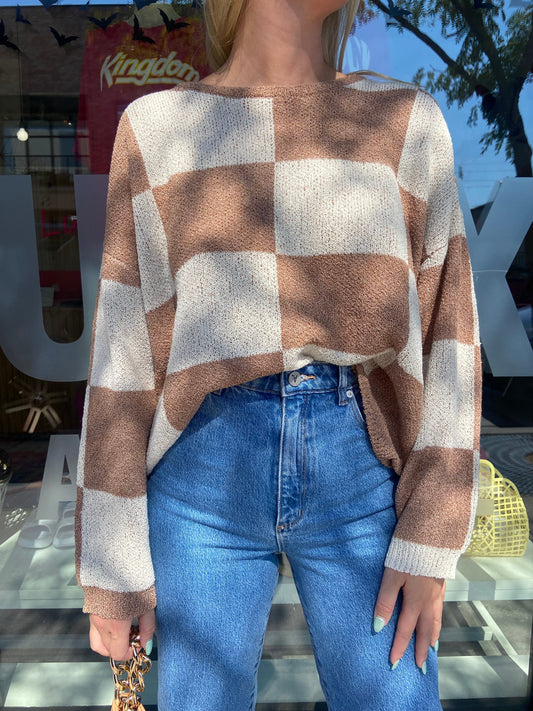 Women's Brown Checkered Sweater