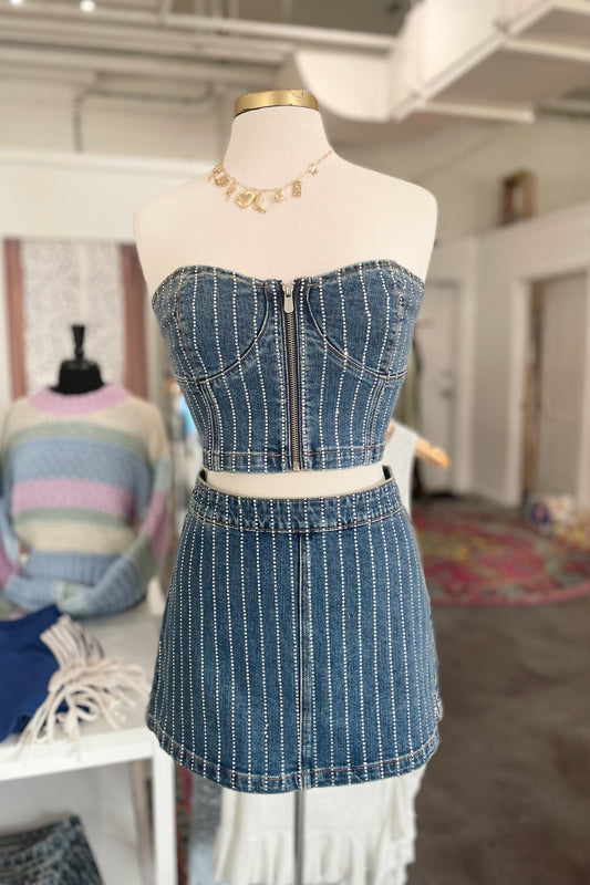 Denim mini skirt with vertical rhinestone stripes 