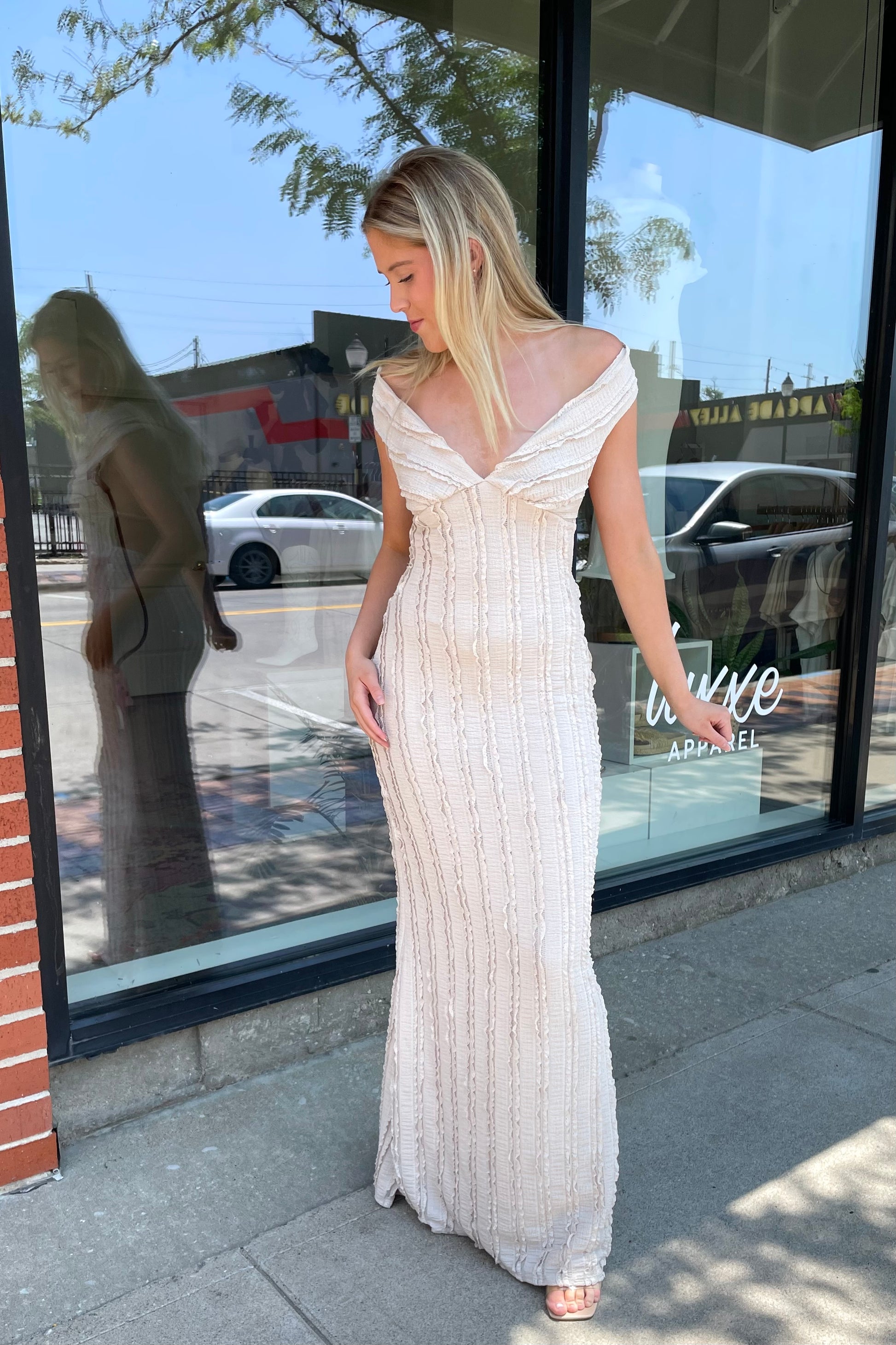 Neutral Off-the-Shoulder Maxi Dress Textured Bodycon Gown Luxxe Apparel Neutral Off-the-Shoulder Maxi Dress Textured Bodycon Gown Luxxe Apparel