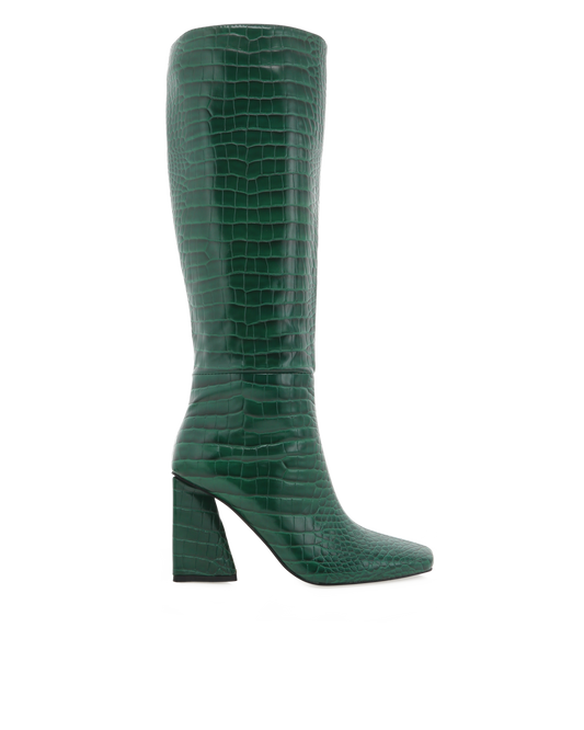 forest green crocodile embossed knee high boot with a square toe