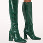 forest green crocodile embossed knee high boot with a square toe and a zipper on the inner part