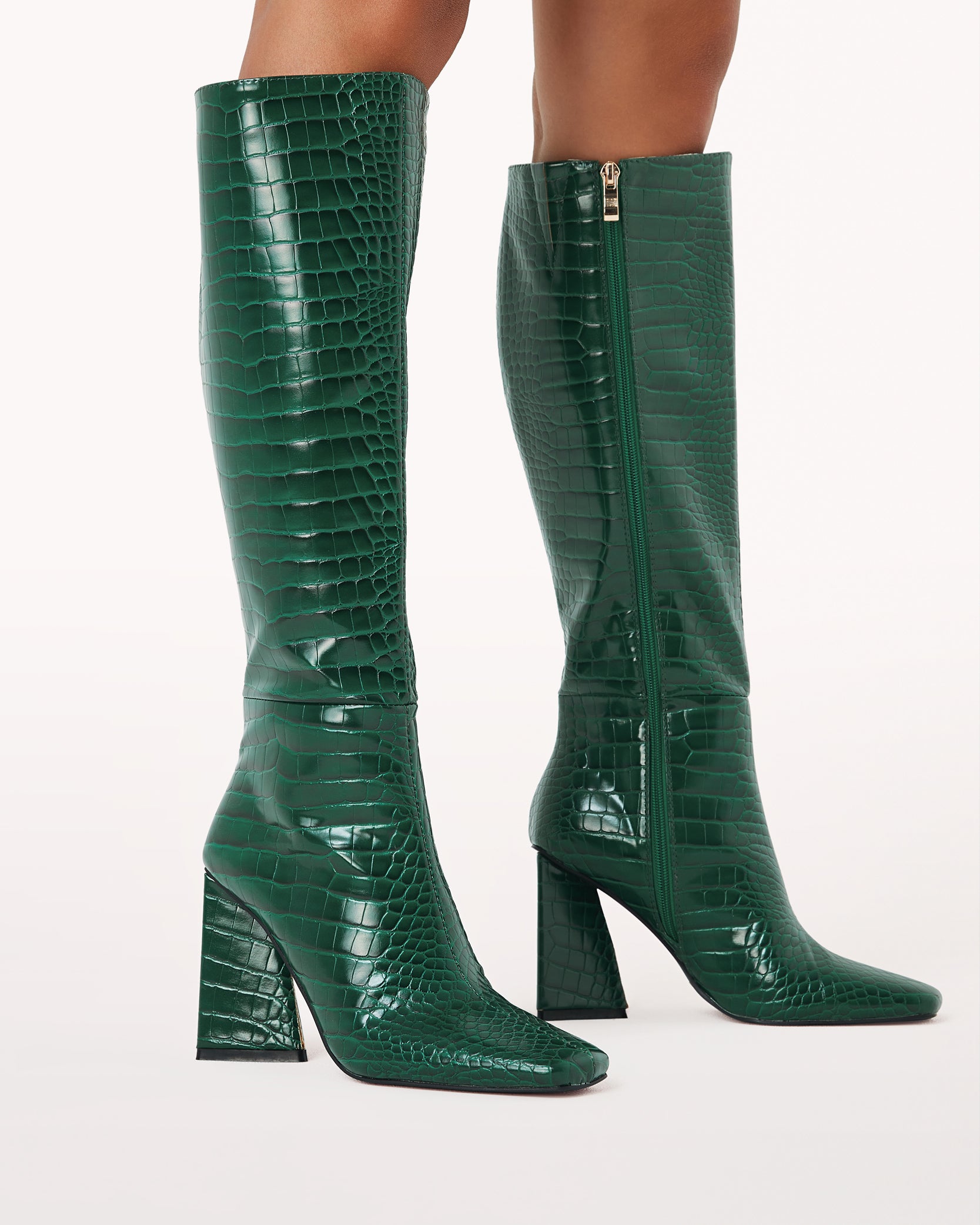 forest green crocodile embossed knee high boot with a square toe and a zipper on the inner part