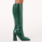 forest green crocodile embossed knee high boot with a square toe