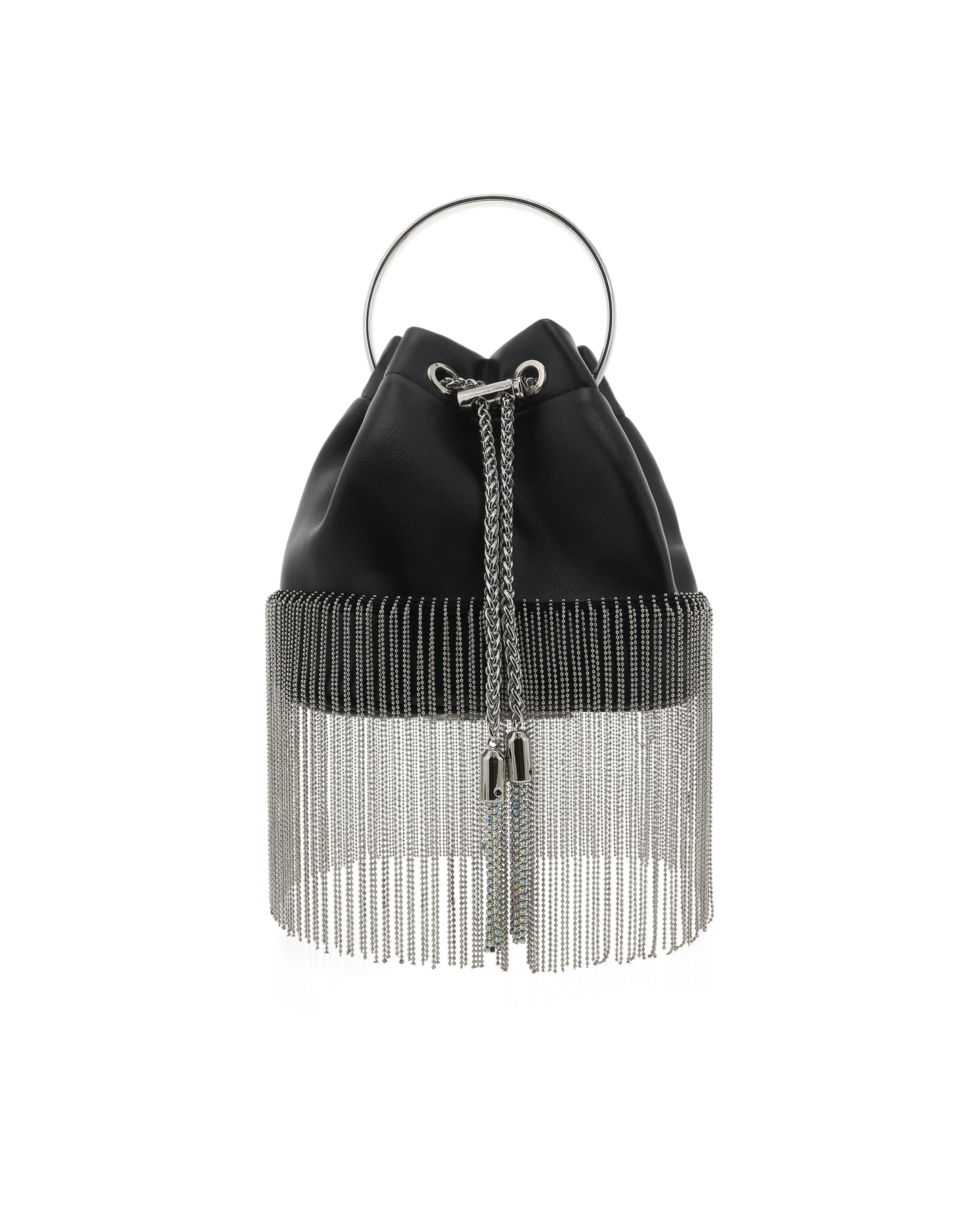 Black purse with a drawstring top closure, silver fringe along the bottom and a silver top handle