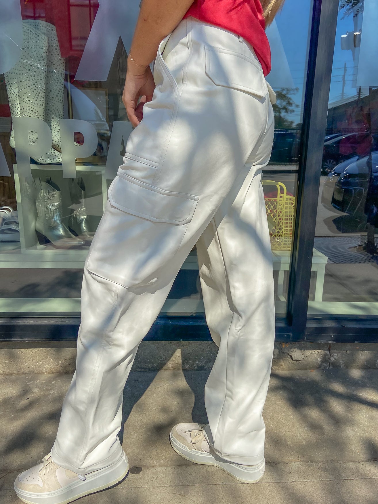 White Faux Leather Cargo Pants