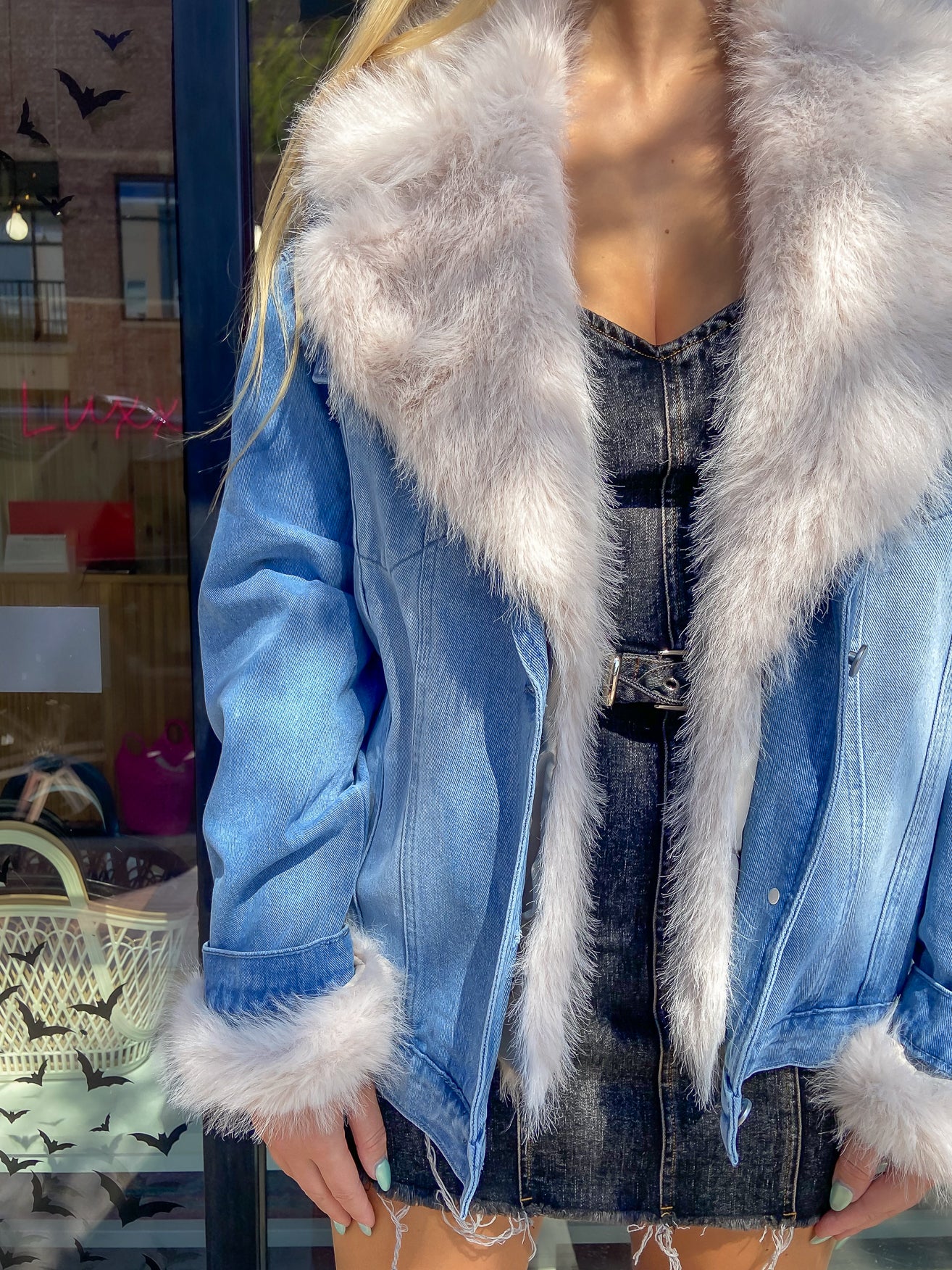 Denim Jacket With Faux Fur Collar And Cuffs