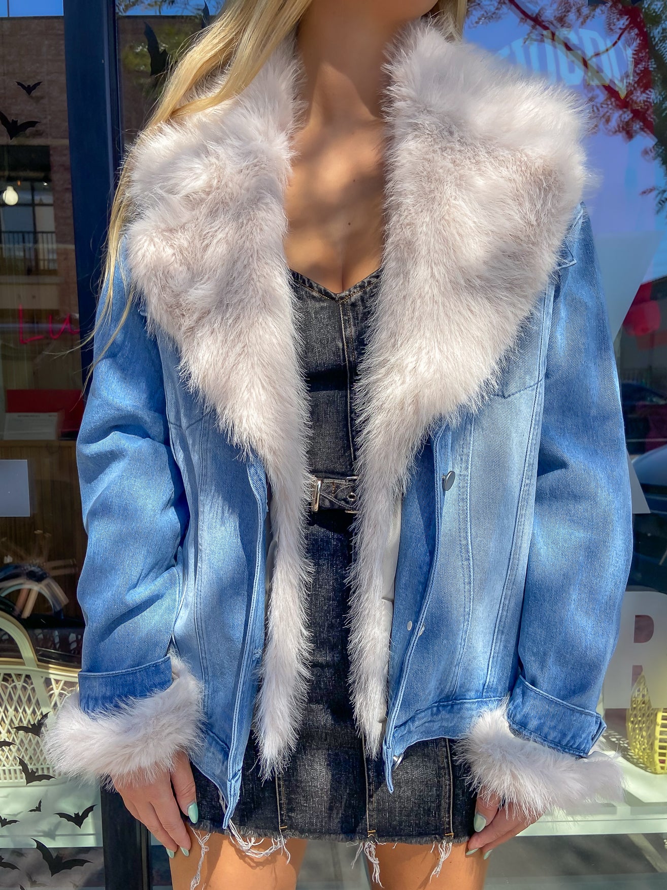 Denim Jacket With Faux Fur Collar And Cuffs