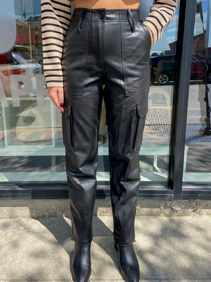 Black faux leather cargo pants