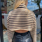 Womens cropped turtle neck sweater, black and tan striped sweater.