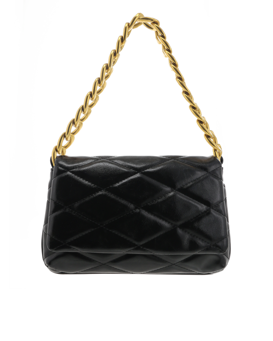 Black quilter shoulder bag with a gold chain strap