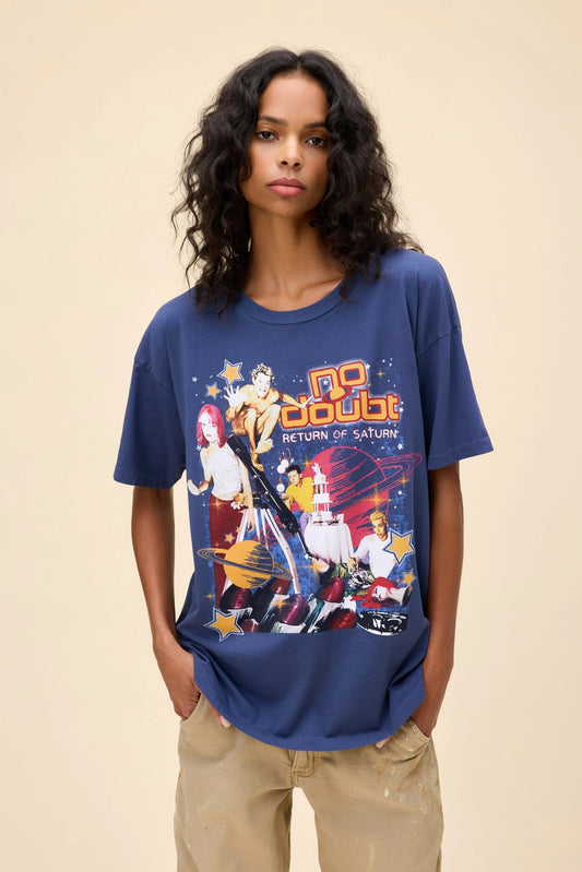 Blue oversized graphic T-shirt featuring No Doubt's Return of Saturn album cover art, showcasing a vibrant collage of the band members, planets, stars, and retro elements.