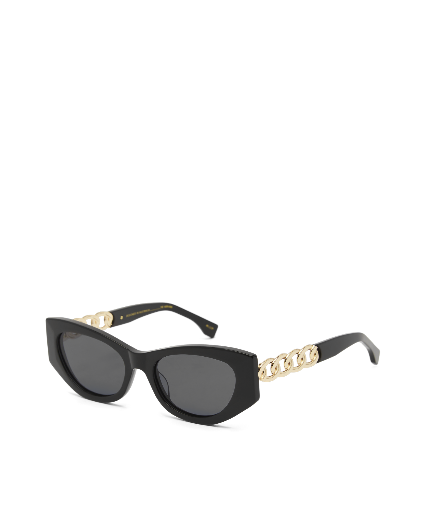 Black classic acetate cat eye sunglasses .  Exude retro glamour with these fashionable cat eye sunglasses, finished with a statement chain and link feature on the arms.