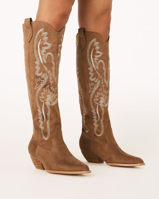 Tan  Western Boot With White Embroidered Stitching 