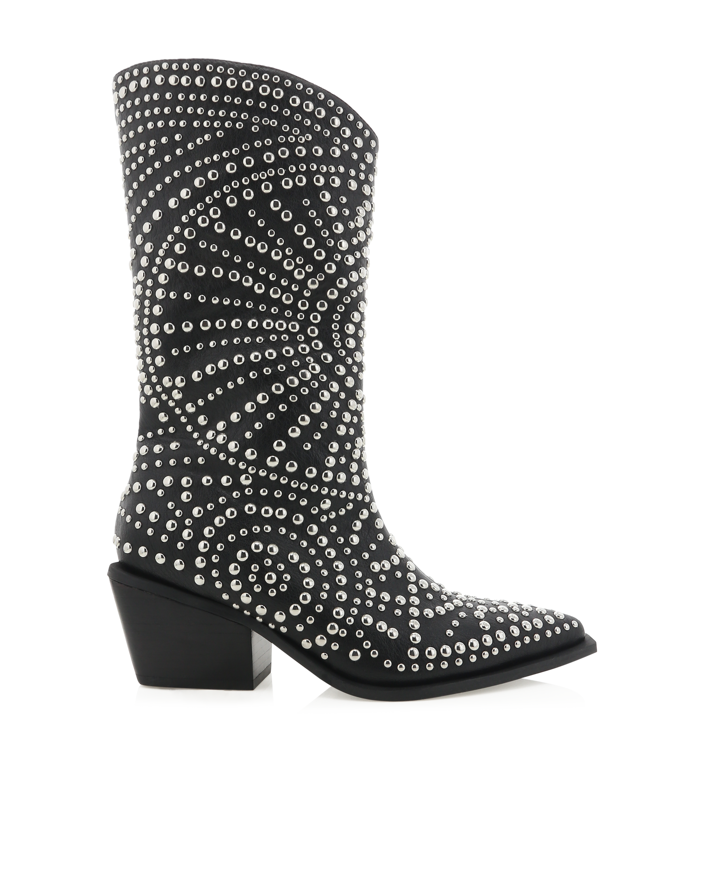 yori boot, a black mid leg cowboy boot with silver stud embellishments 
