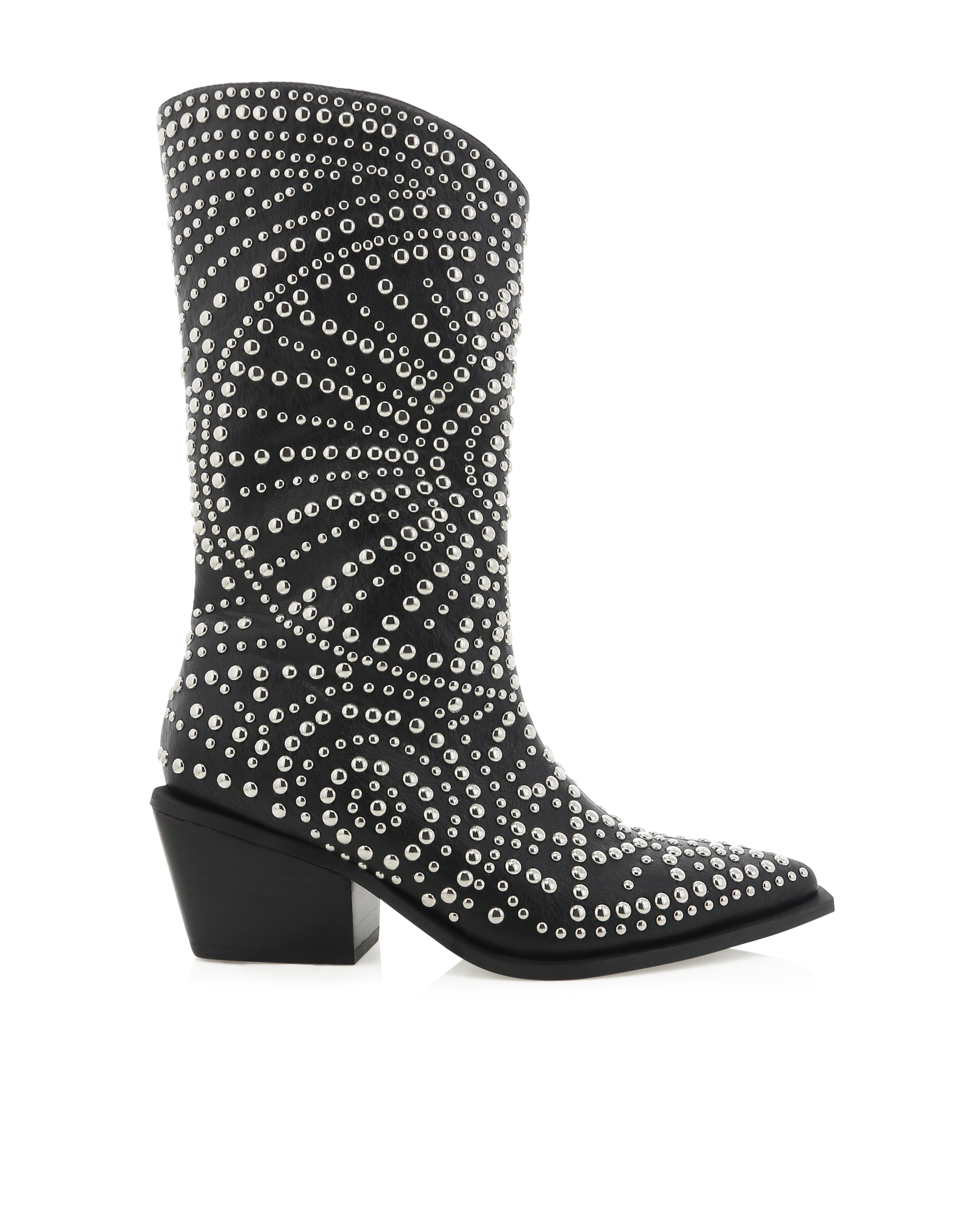 yori boot, a black mid leg cowboy boot with silver stud embellishments 