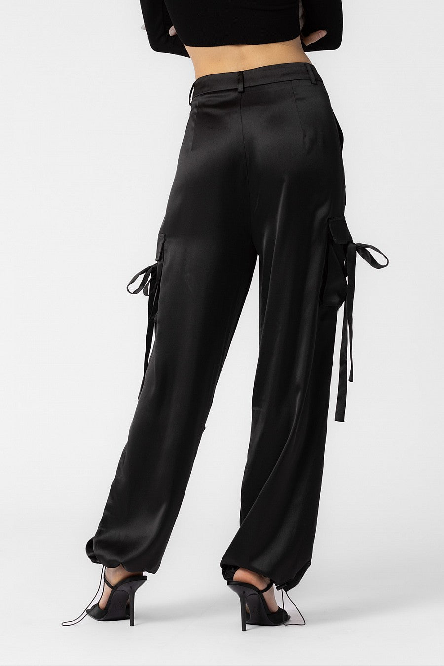 Women's Black Satin Cargo Pants 