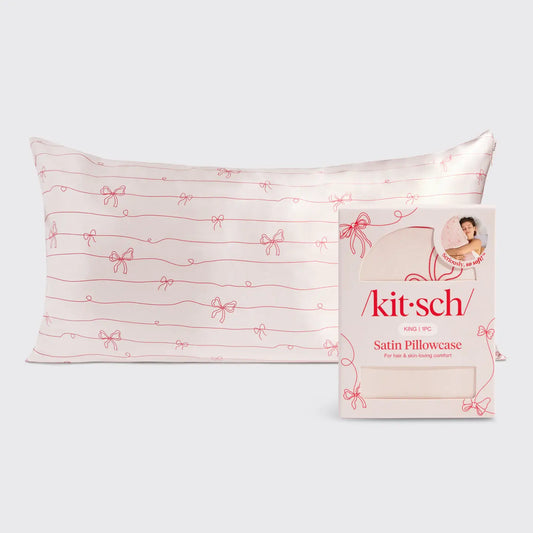 Holiday Satin Pillowcase in Striped Bows - King