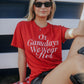 Red t-shirt with "on gamedays we wear red" on the front in white lettering