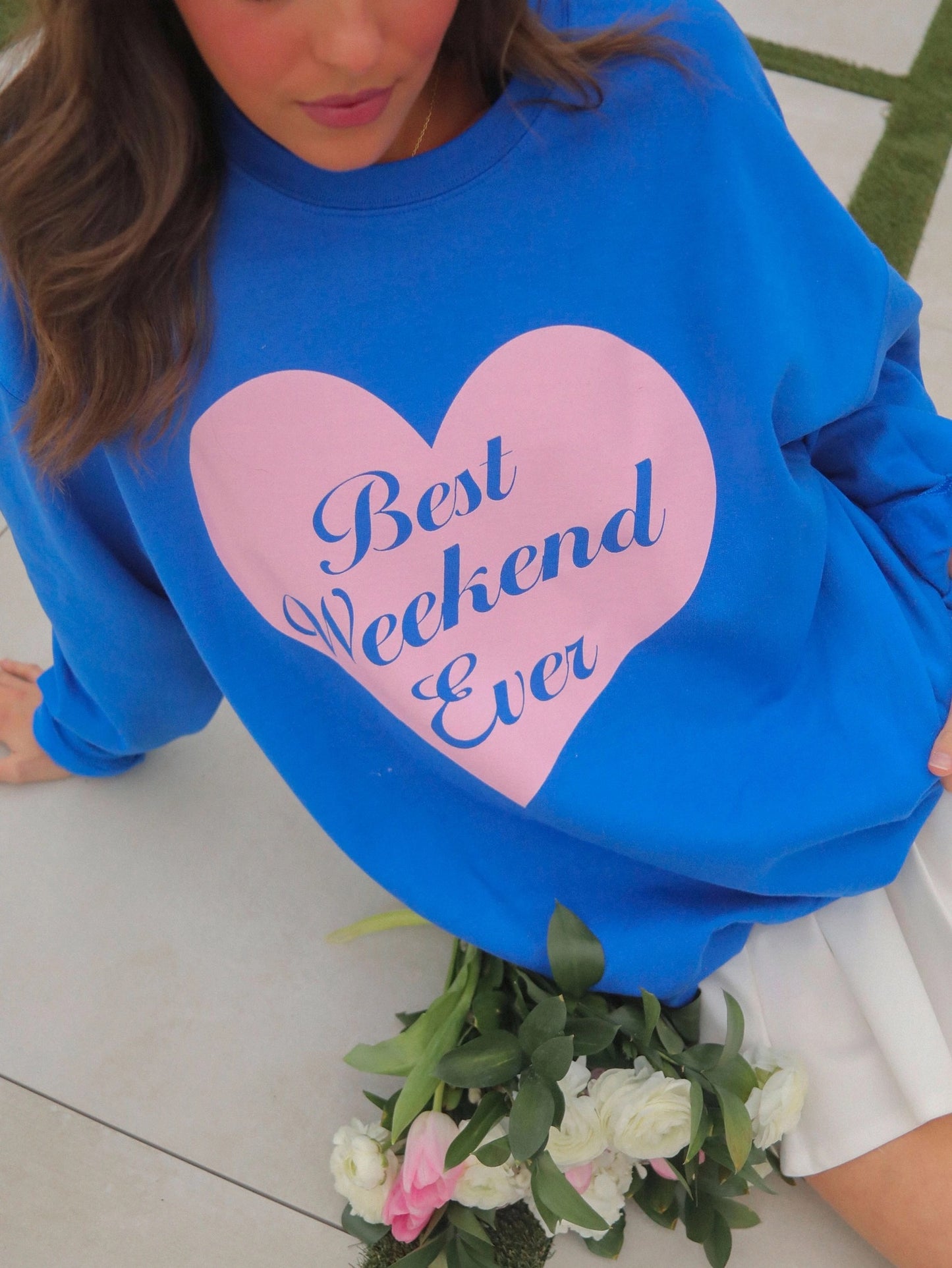 Blue Sweatshirt With Pink Heart That Says Best Weekend Ever