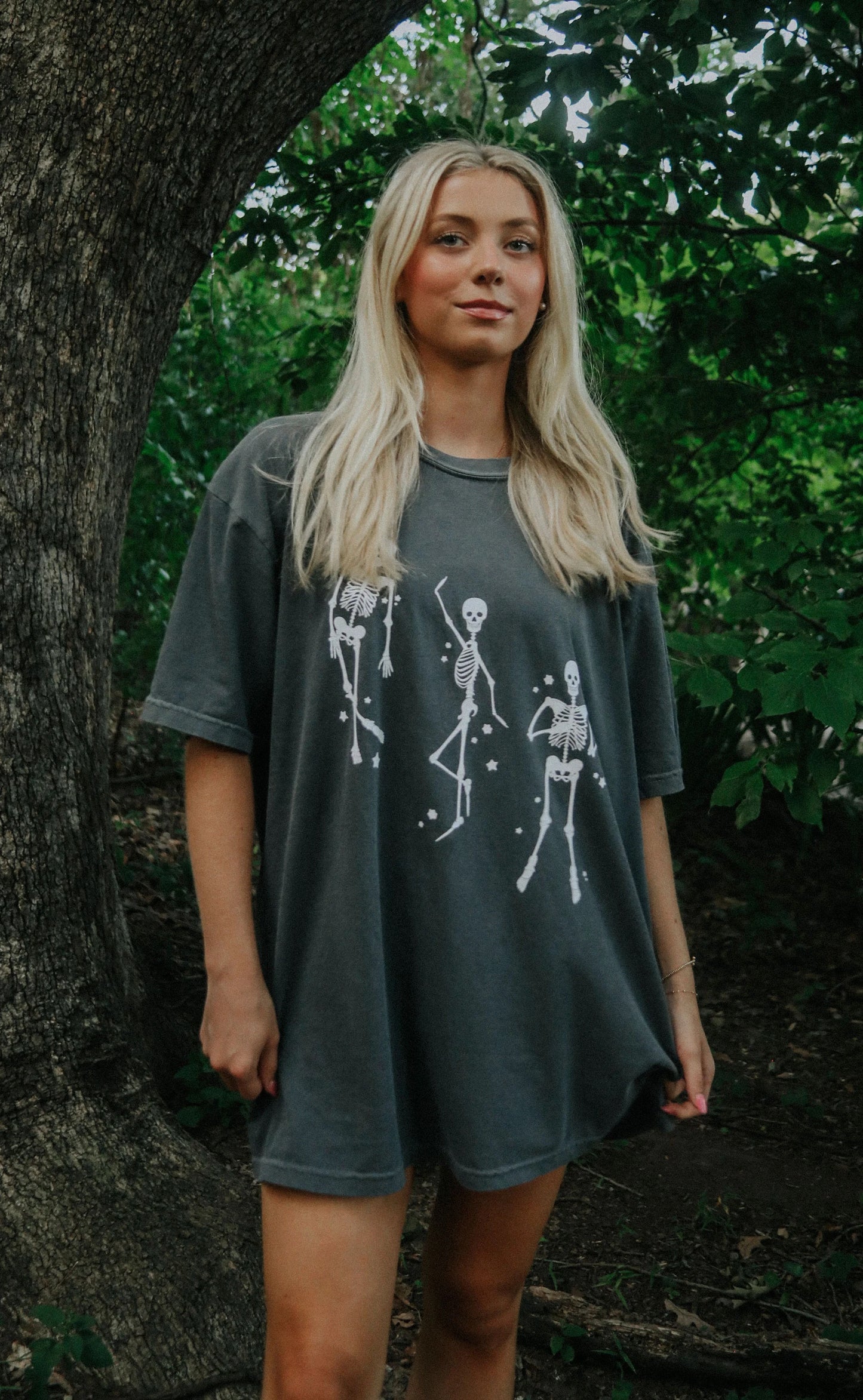Oversized Grey T-Shirt With Dancing Skeletons