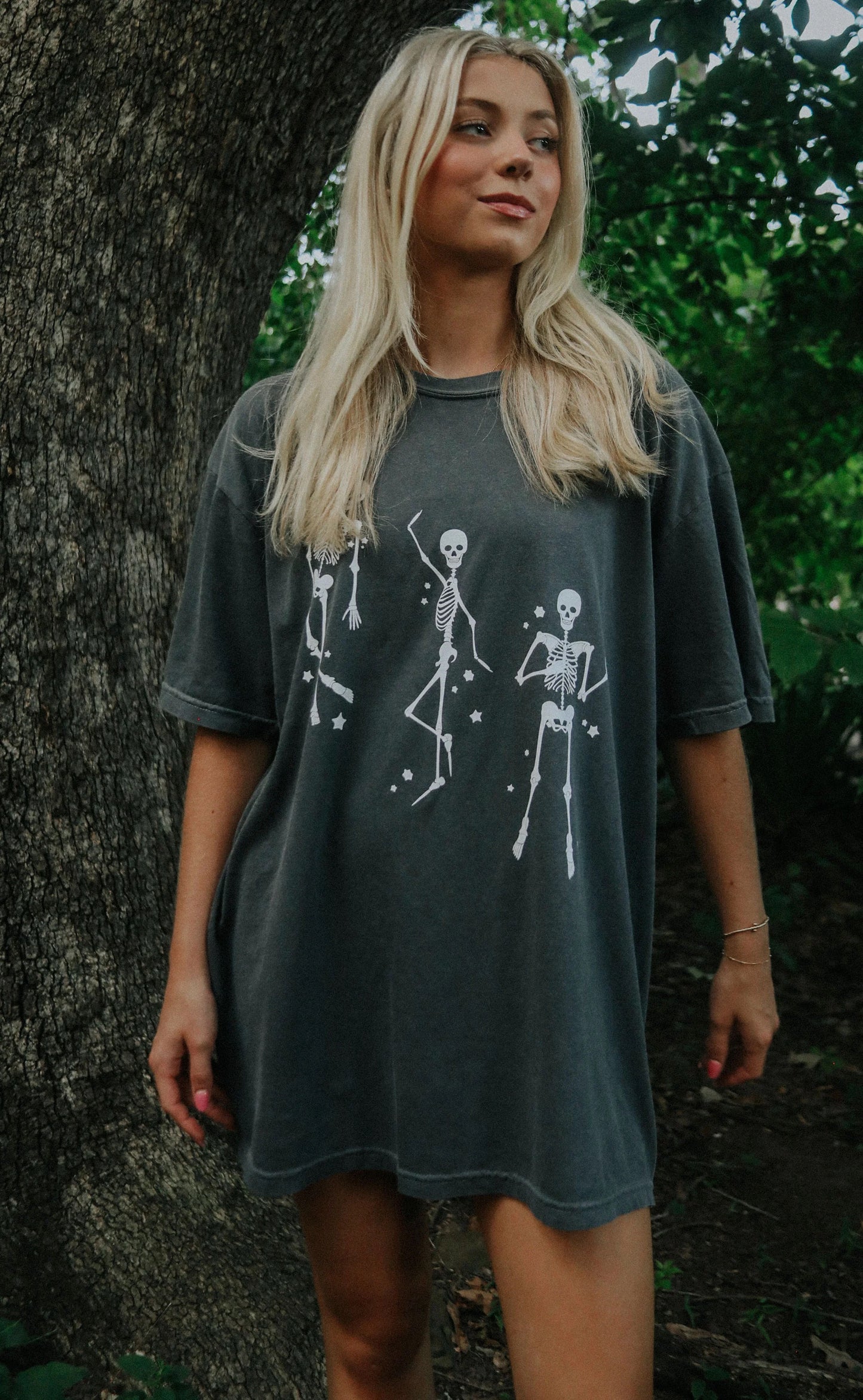 Oversized Grey T-Shirt With Dancing Skeletons