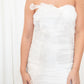Strapless white organza mini dress with pleats and a side ruffle
