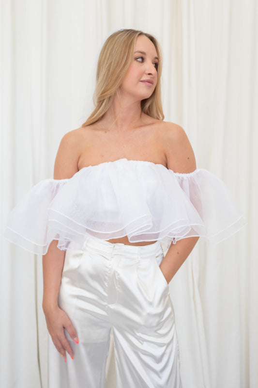 White ruffled off the shoulder top