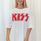 Oversized white tee with KISS in red glitter on front