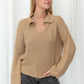 Long sleeved tan waffle knit top with collar and small v neck 