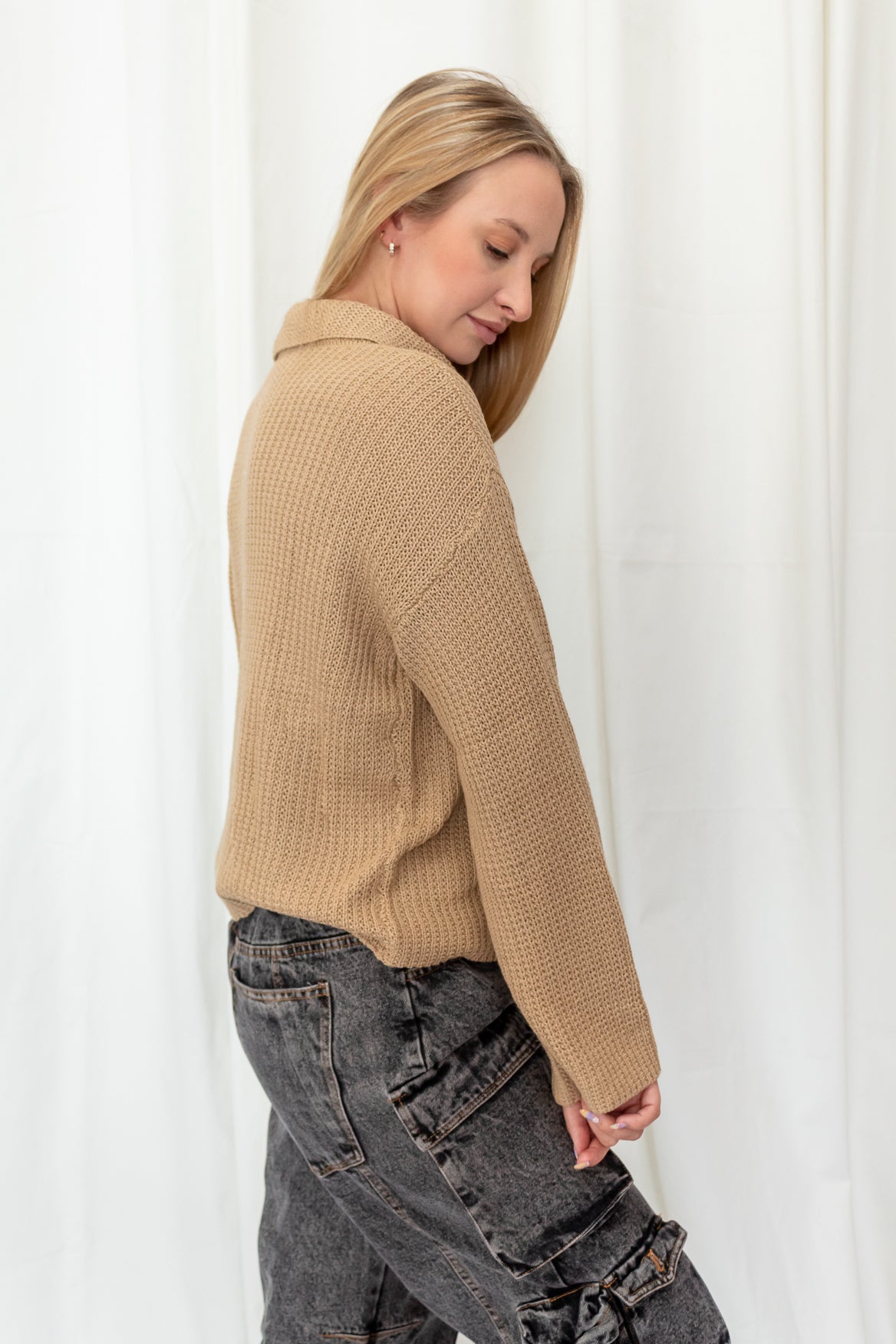 Long sleeved tan waffle knit top with collar and small v neck 